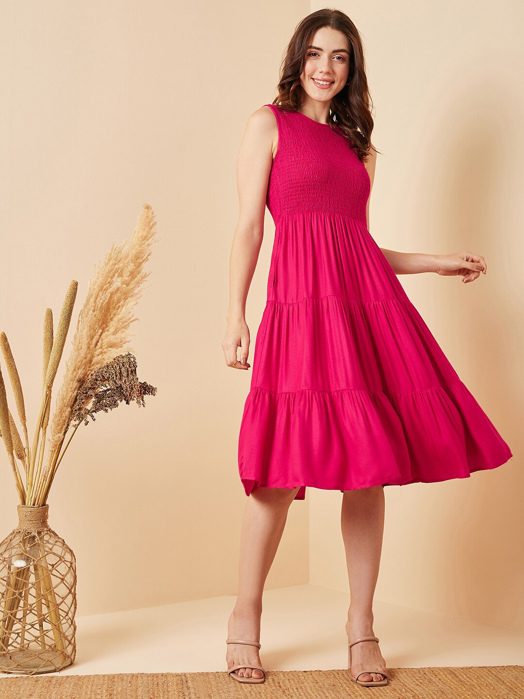 

Marie Claire Smocked Tiered Fit & Flare Dress, Magenta