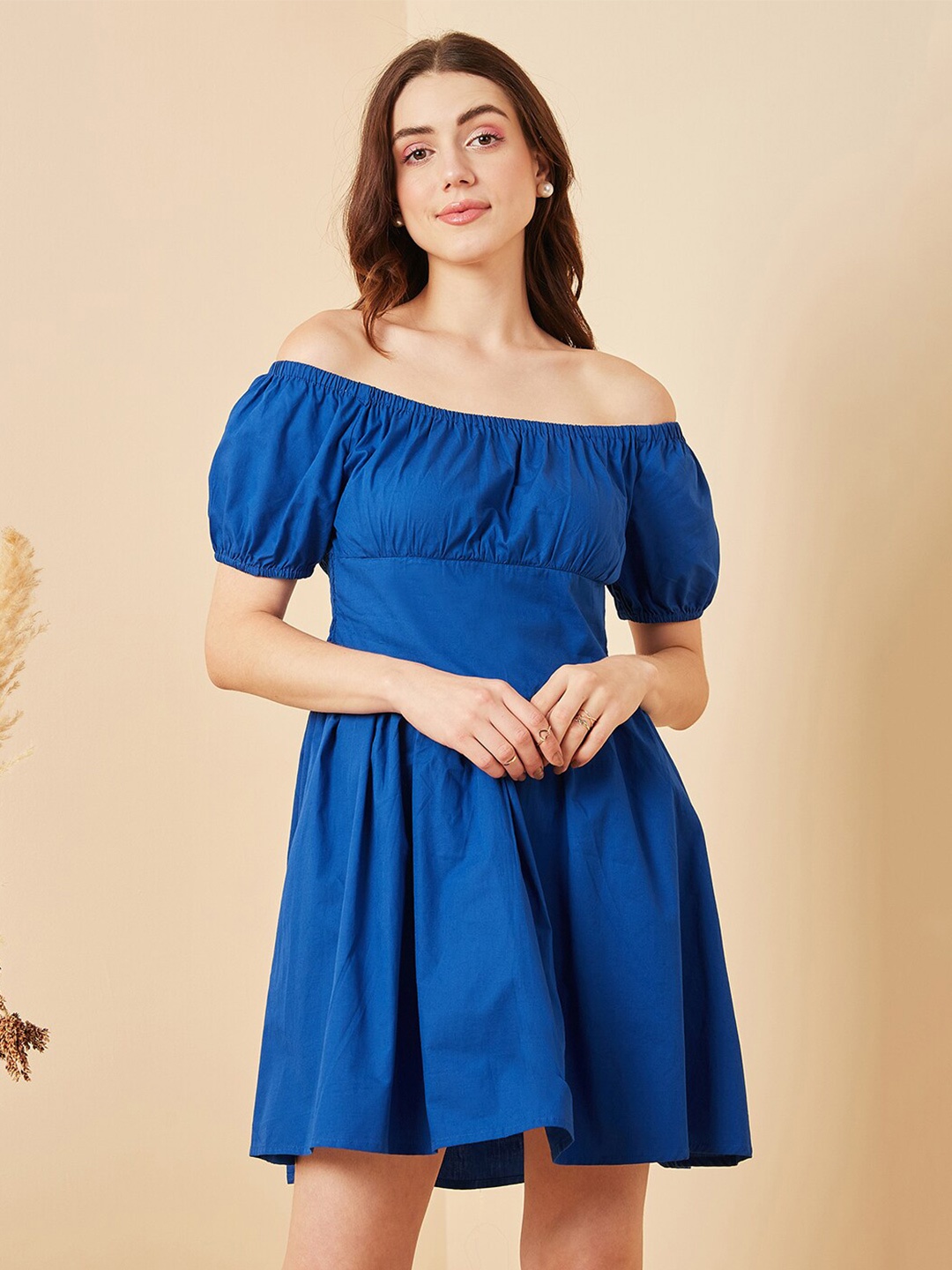 

RARE Off-Shoulder Puff Sleeve Fit & Flare Dress, Blue