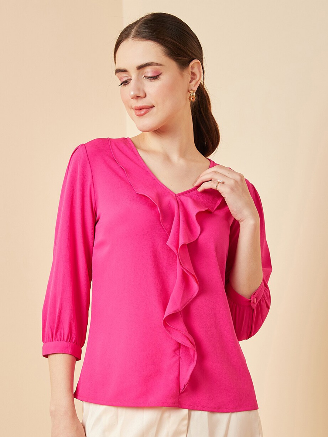 

RARE Ruffles V-Neck Cuffed Sleeve Regular Top, Pink