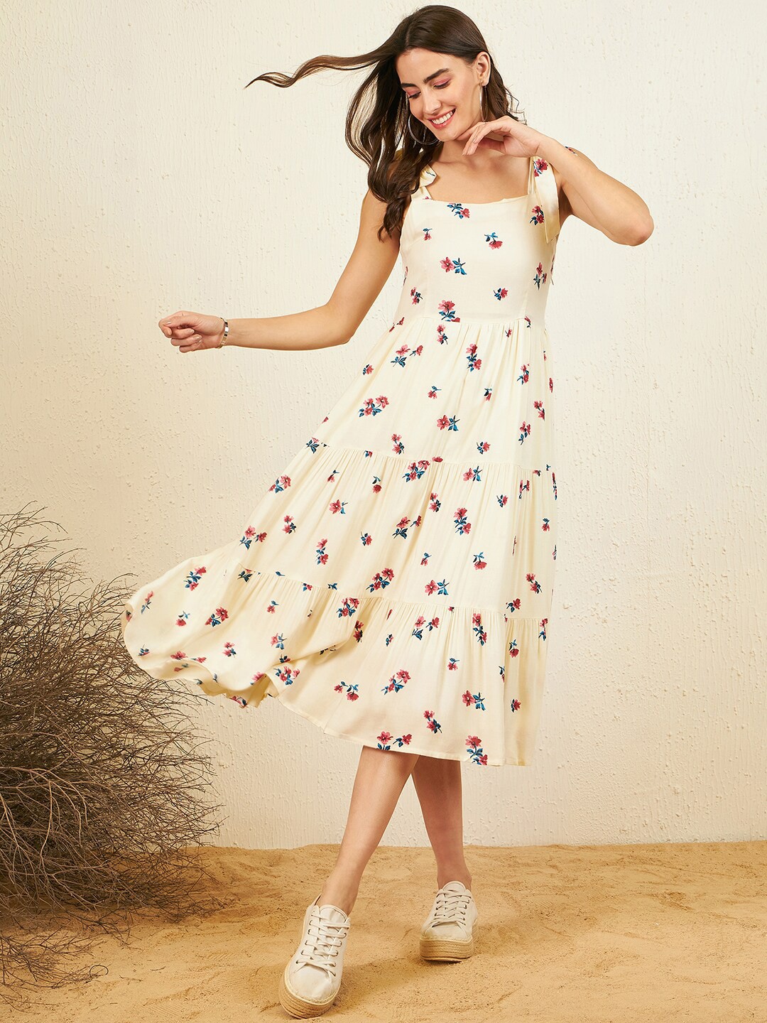 

Carlton London Floral Printed Shoulder Straps Gathered & Tiered Fit & Flare Dress, Off white