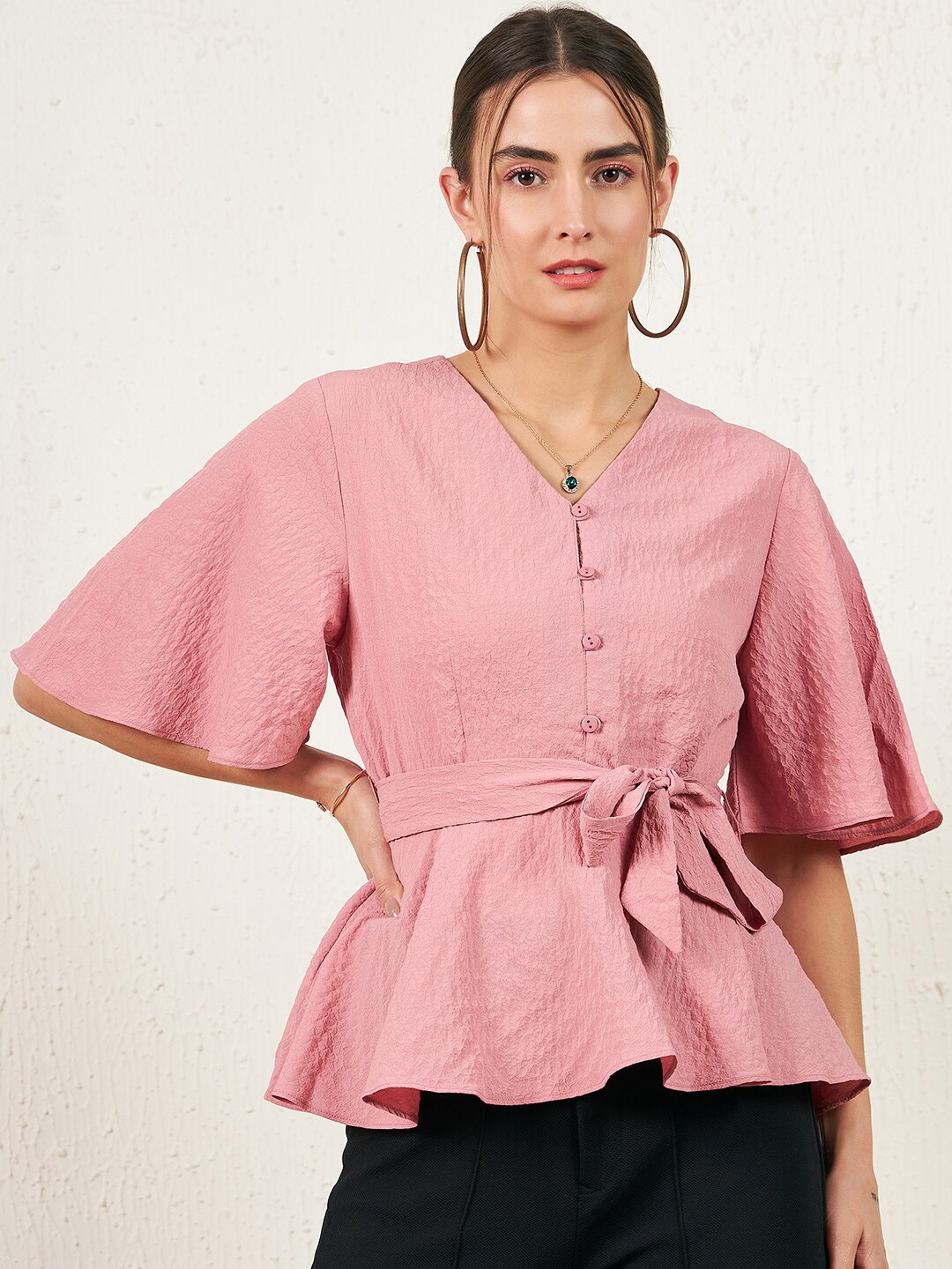 

Carlton London Self Design Flared Sleeve Peplum Top, Peach