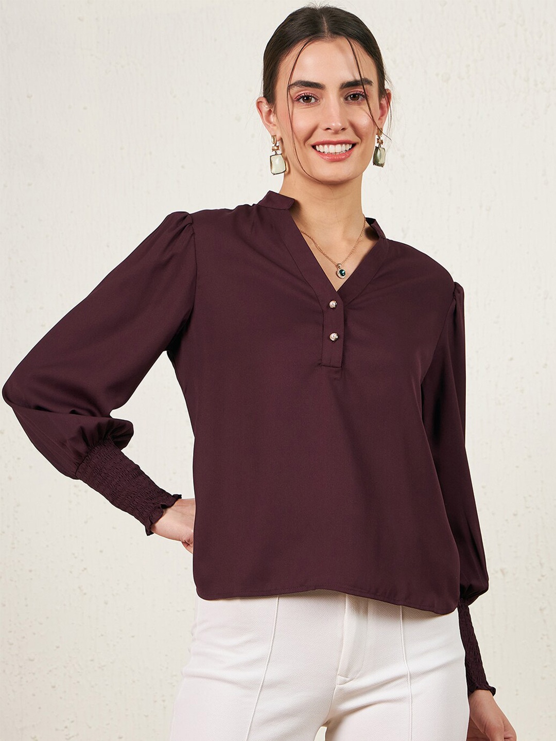 

Carlton London Mandarin Collar Bishop Sleeve Shirt Style Top, Burgundy