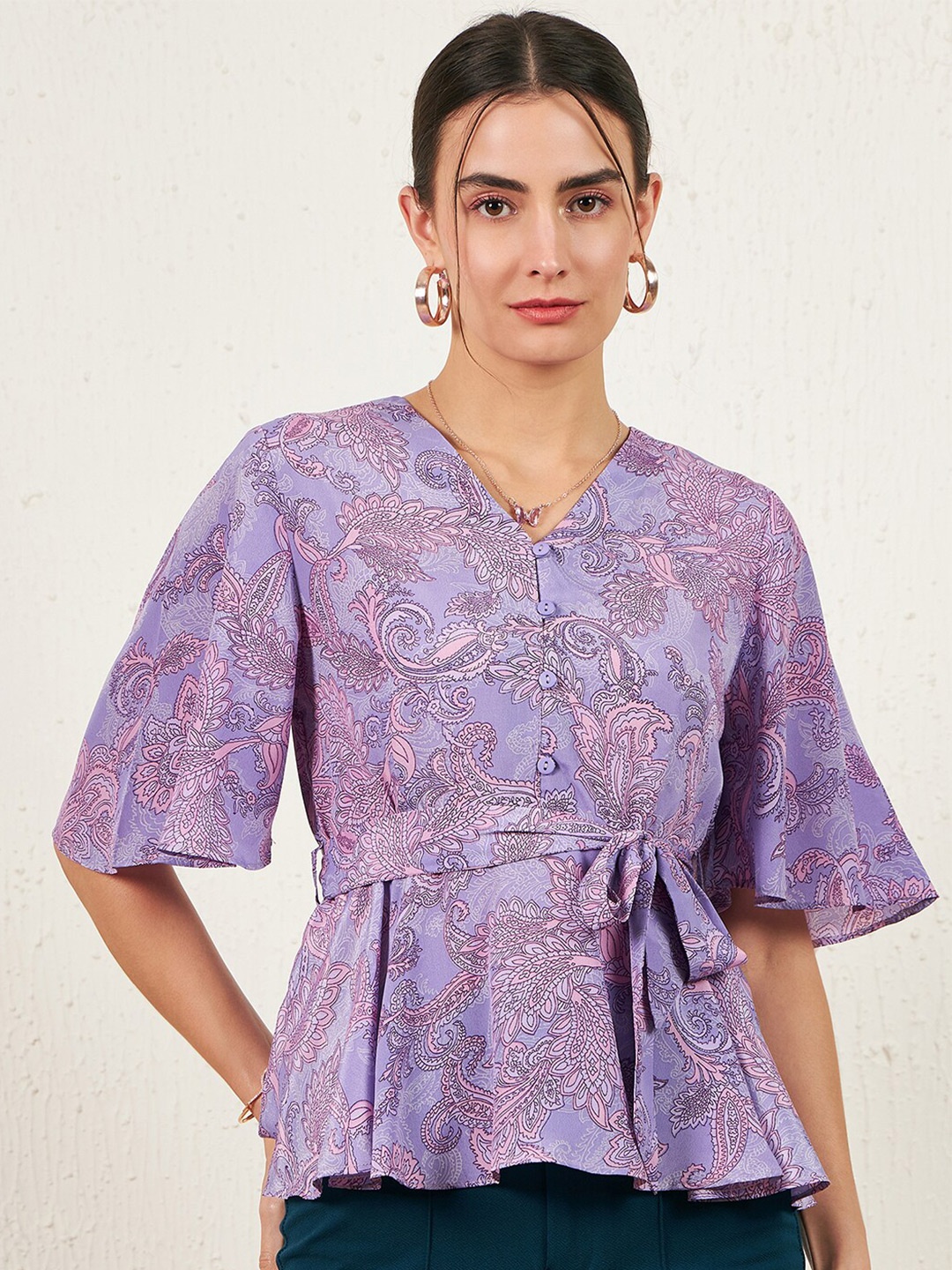 

Carlton London Ethnic Motifs Printed Flared Sleeve Satin Peplum Top, Purple