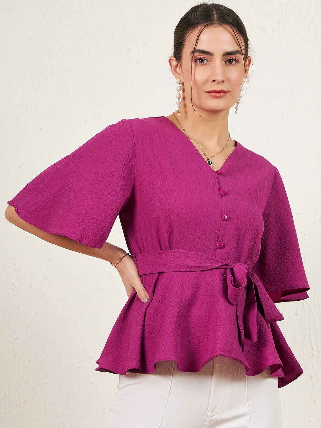 

Carlton London Self Design Flared Sleeve Peplum Top, Purple