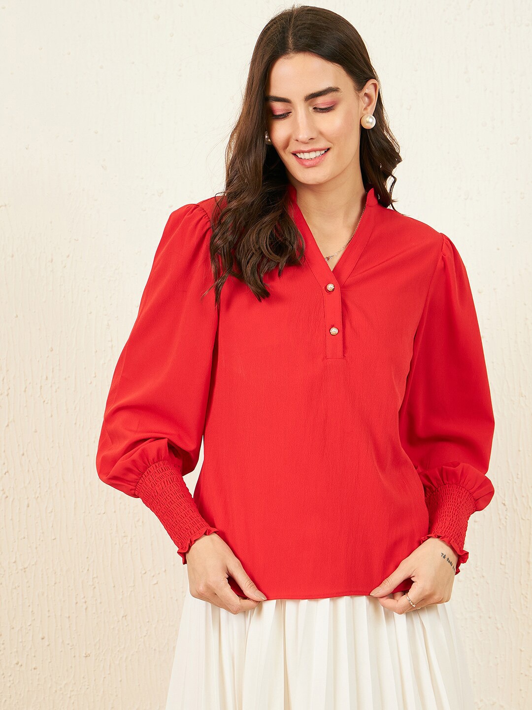 

Carlton London Mandarin Collar Bishop Sleeve Shirt Style Top, Red