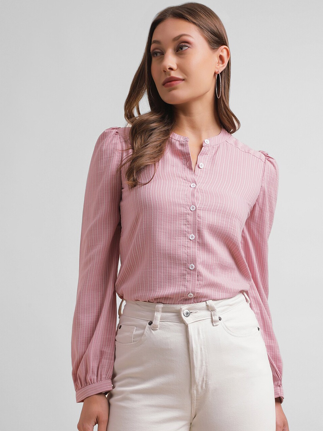 

Selvia Vertical Striped Band Collar Regular Fit Opaque Casual Shirt, Pink
