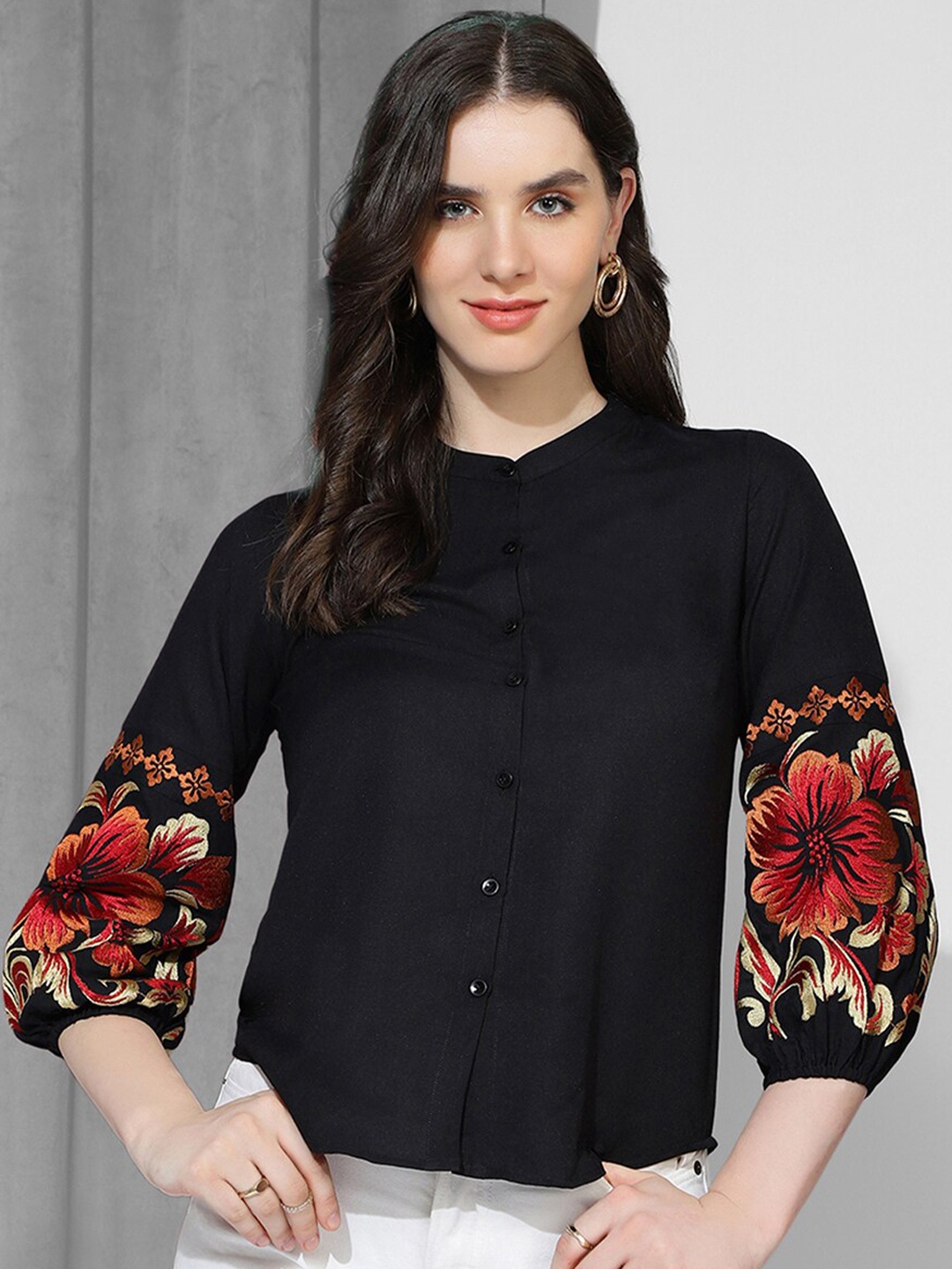 

Selvia Floral Embroidered Band Collar Regular Fit Opaque Casual Shirt, Black