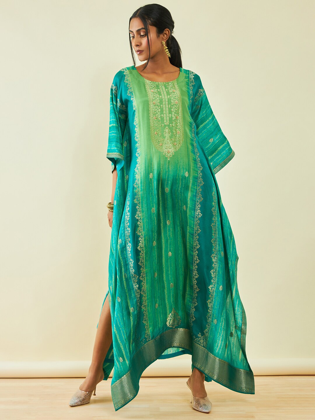 

Soch Ethnic Motifs Brocade Woven Design Beads & Stones Kaftan Ethnic Dress With Camisole, Green