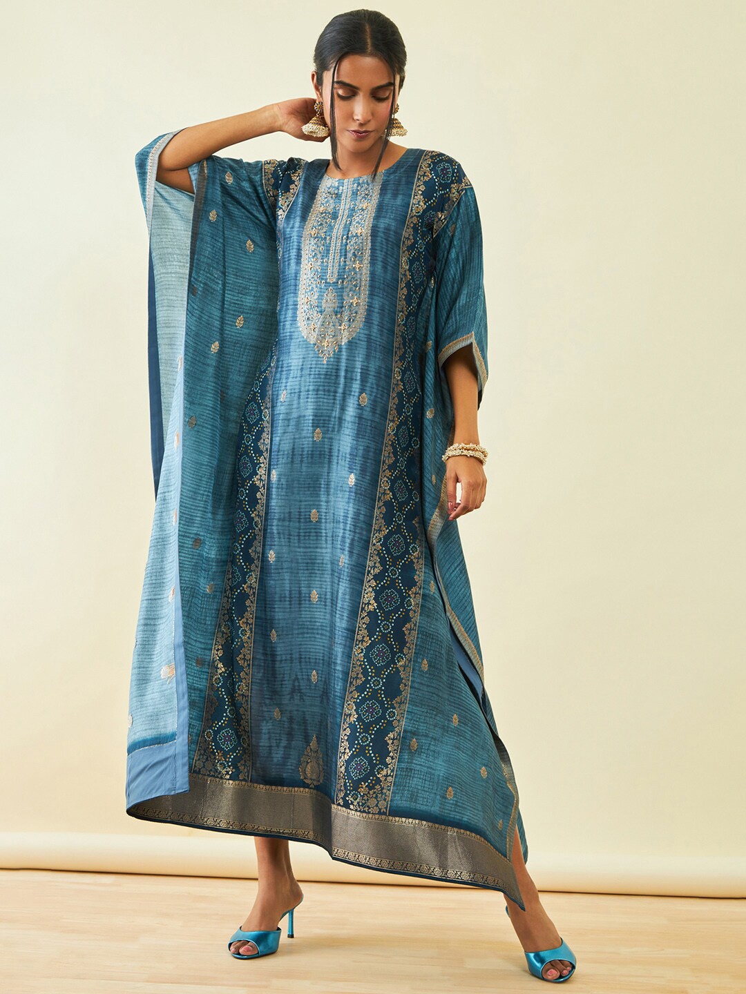 

Soch Brocade Bandhani Printed With Beads & Stones Kaftan Ethnic Dress With Camisole, Blue