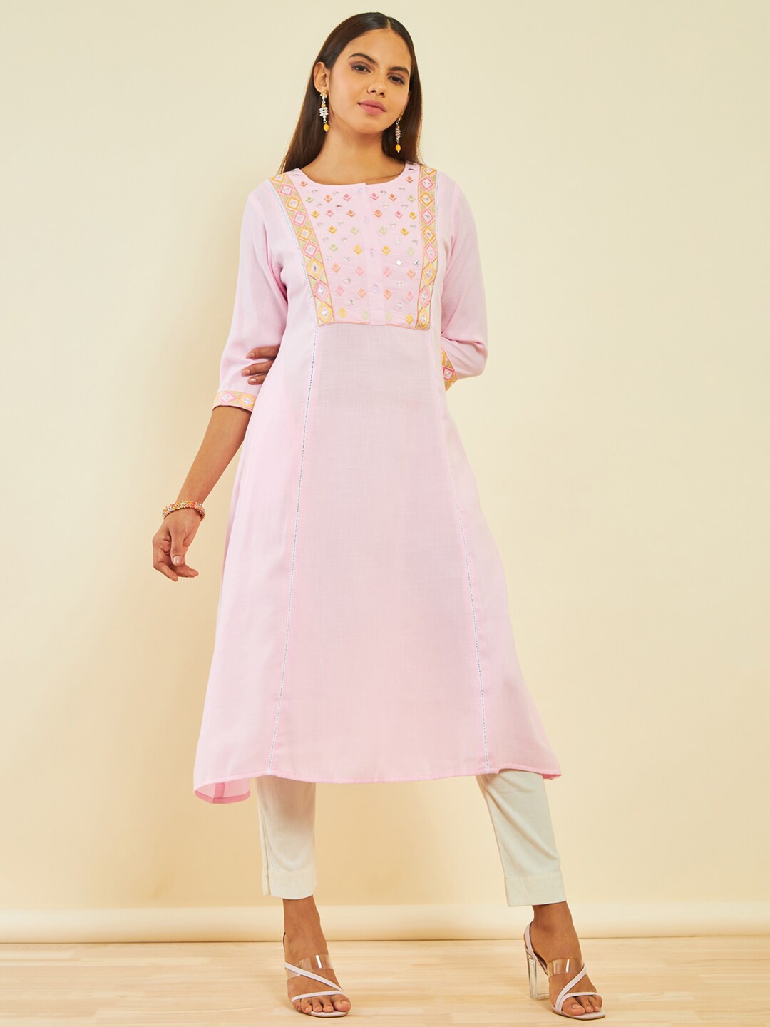 

Soch Geometric Embroidered Cotton With Faux Mirror Embellished A-Line Kurta, Pink