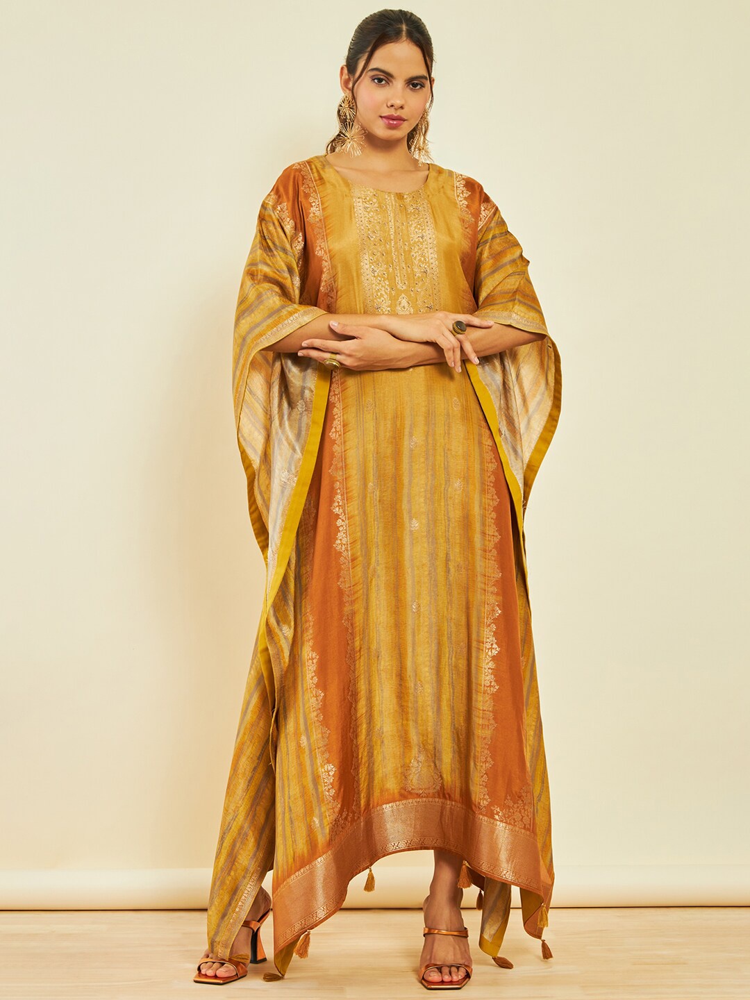 

Soch Ethnic Motifs Brocade Woven Design Beads & Stones Kaftan Ethnic Dress With Camisole, Mustard