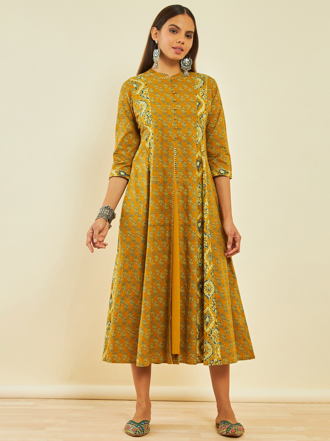 

Soch Floral Printed Mandarin Collar Gotta Patti Cotton A-Line Ethnic Dress, Mustard