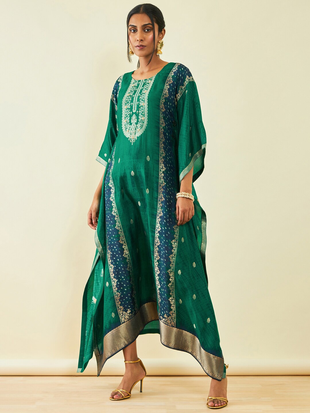 

Soch Brocade Bandhani Printed With Beads & Stones Kaftan Ethnic Dress With Camisole, Green