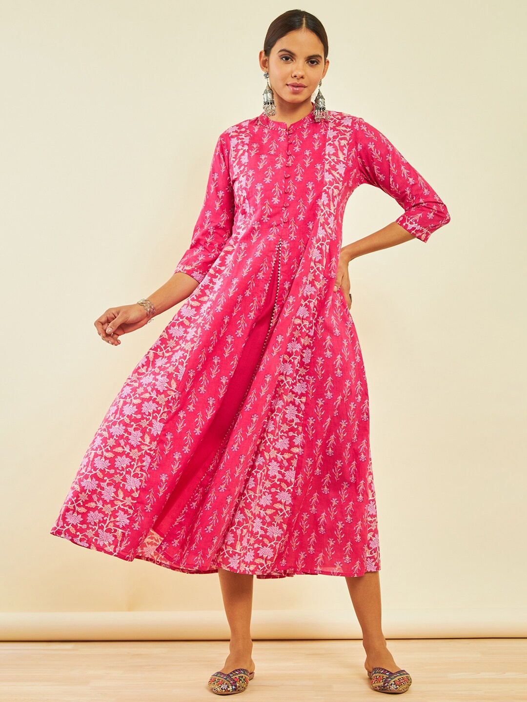 

Soch Floral Printed Mandarin Collar Gotta Patti Cotton A-Line Ethnic Dress, Pink