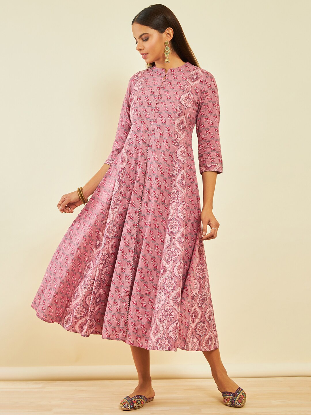 

Soch Floral Printed Mandarin Collar Gotta Patti Cotton A-Line Ethnic Dress, Pink