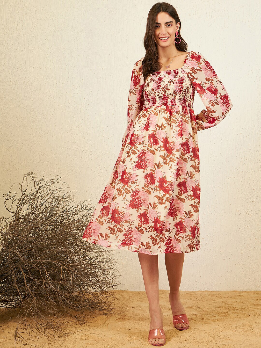 RARE Floral Print Puff Sleeve Georgette A-Line Dress, Beige
