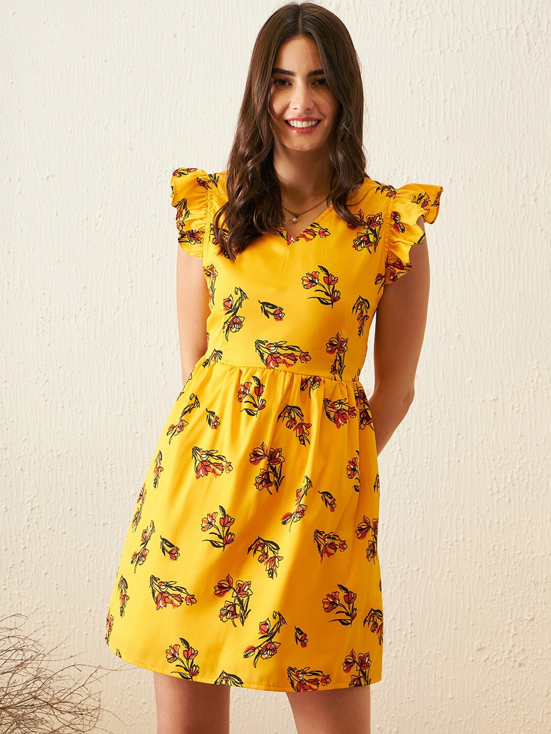 

RARE Floral Print Flutter Sleeve Crepe Fit & Flare Dress, Yellow