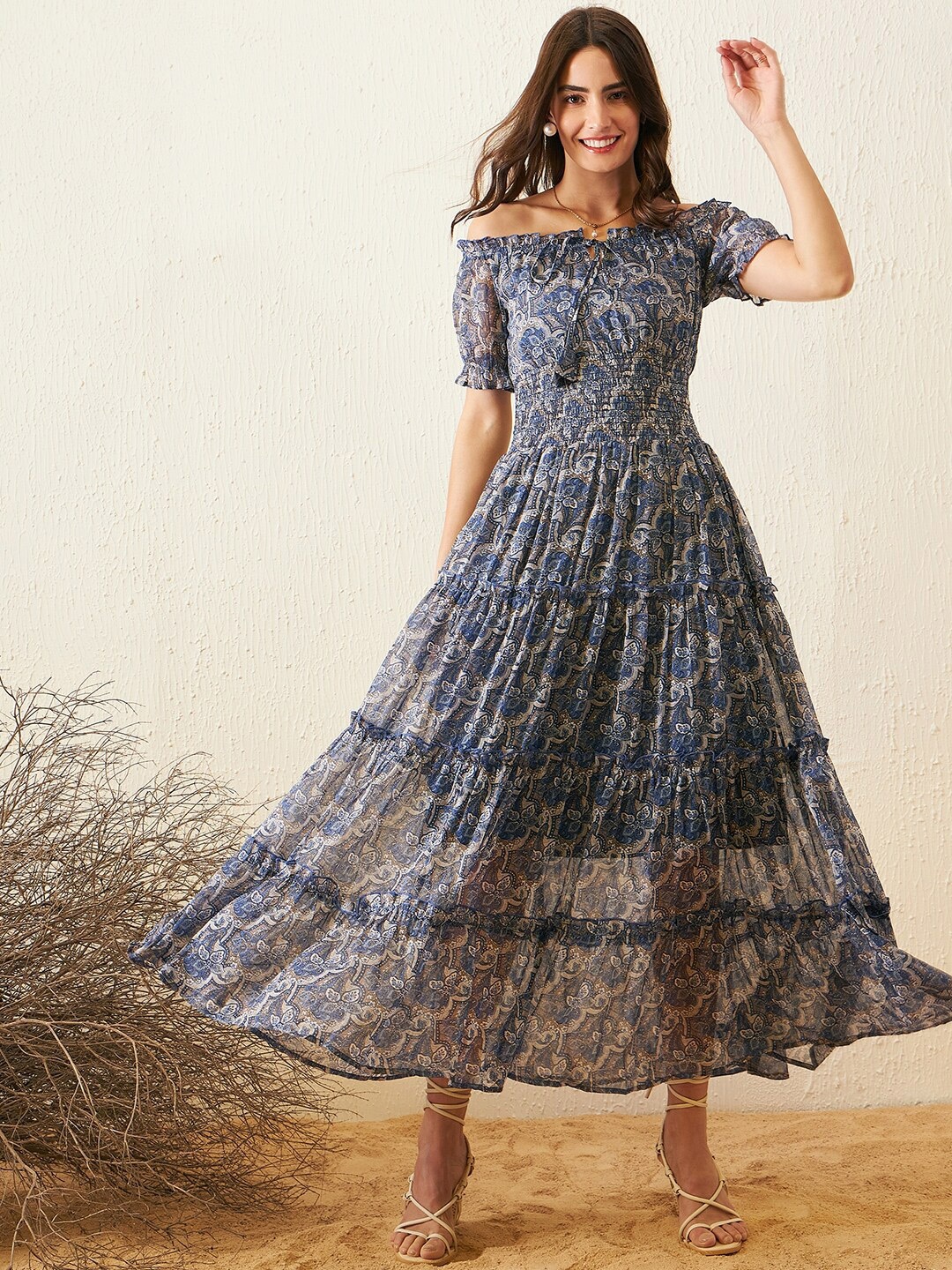 

RARE Floral Print Off-Shoulder Puff Sleeve Chiffon Fit & Flare Maxi Dress, Blue