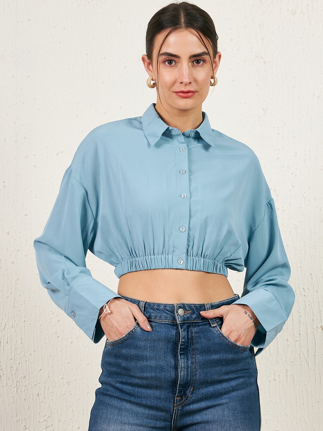 

RARE Shirt Collar Gathered Drop Shoulder Sleeves Shirt Style Crop Top, Blue