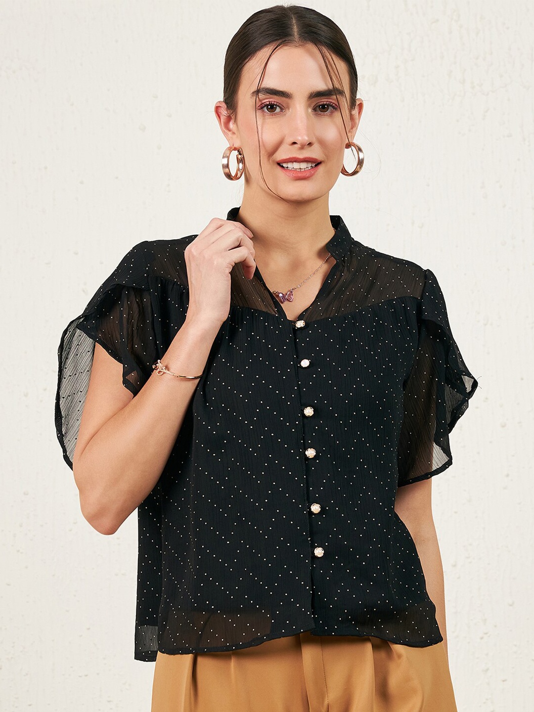 

RARE Geometric Printed Mandarin Collar Flutter Sleeve Shirt Style Top, Black