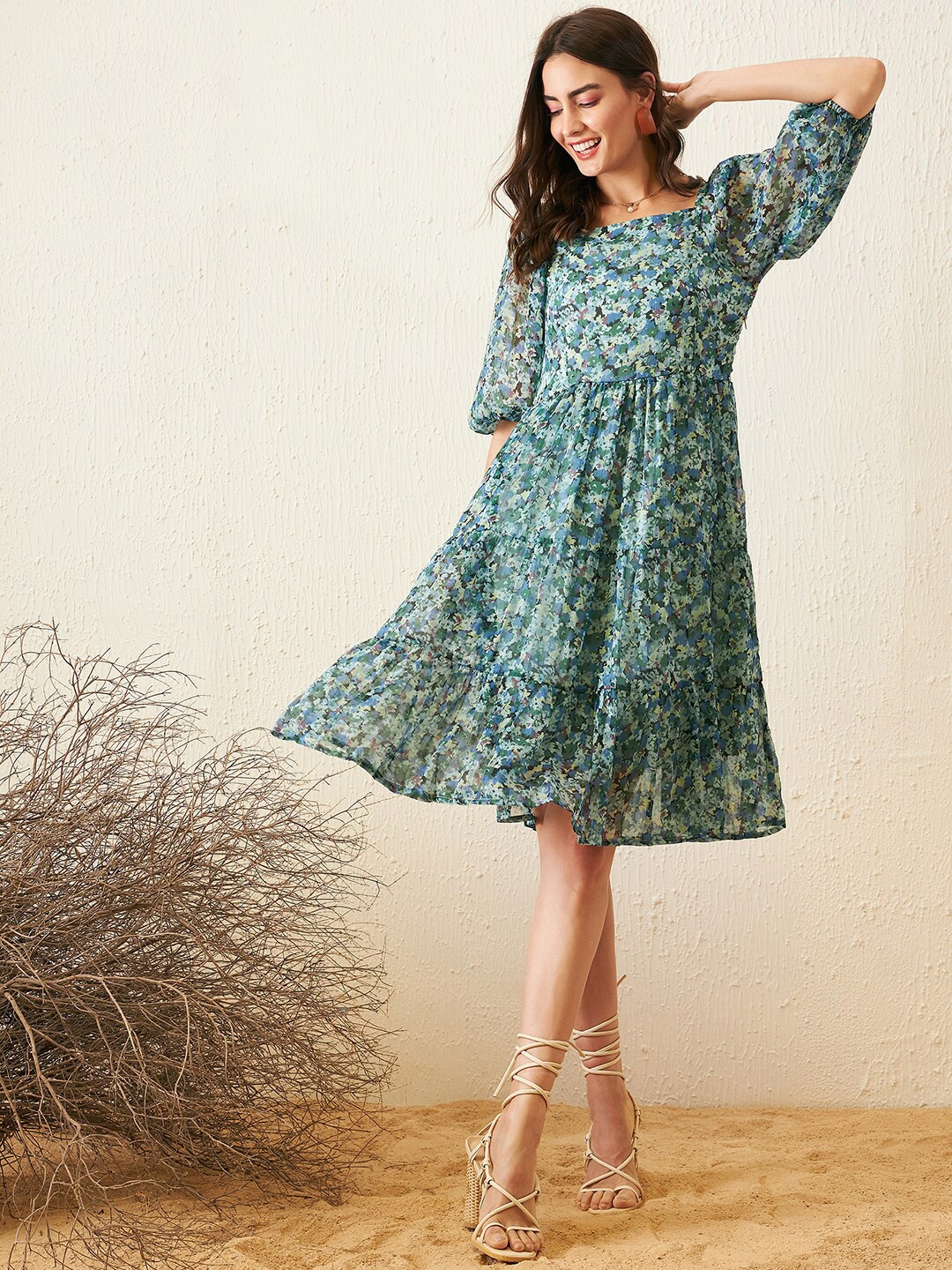 

RARE Floral Print Square Neck Chiffon Fit & Flare Dress, Green