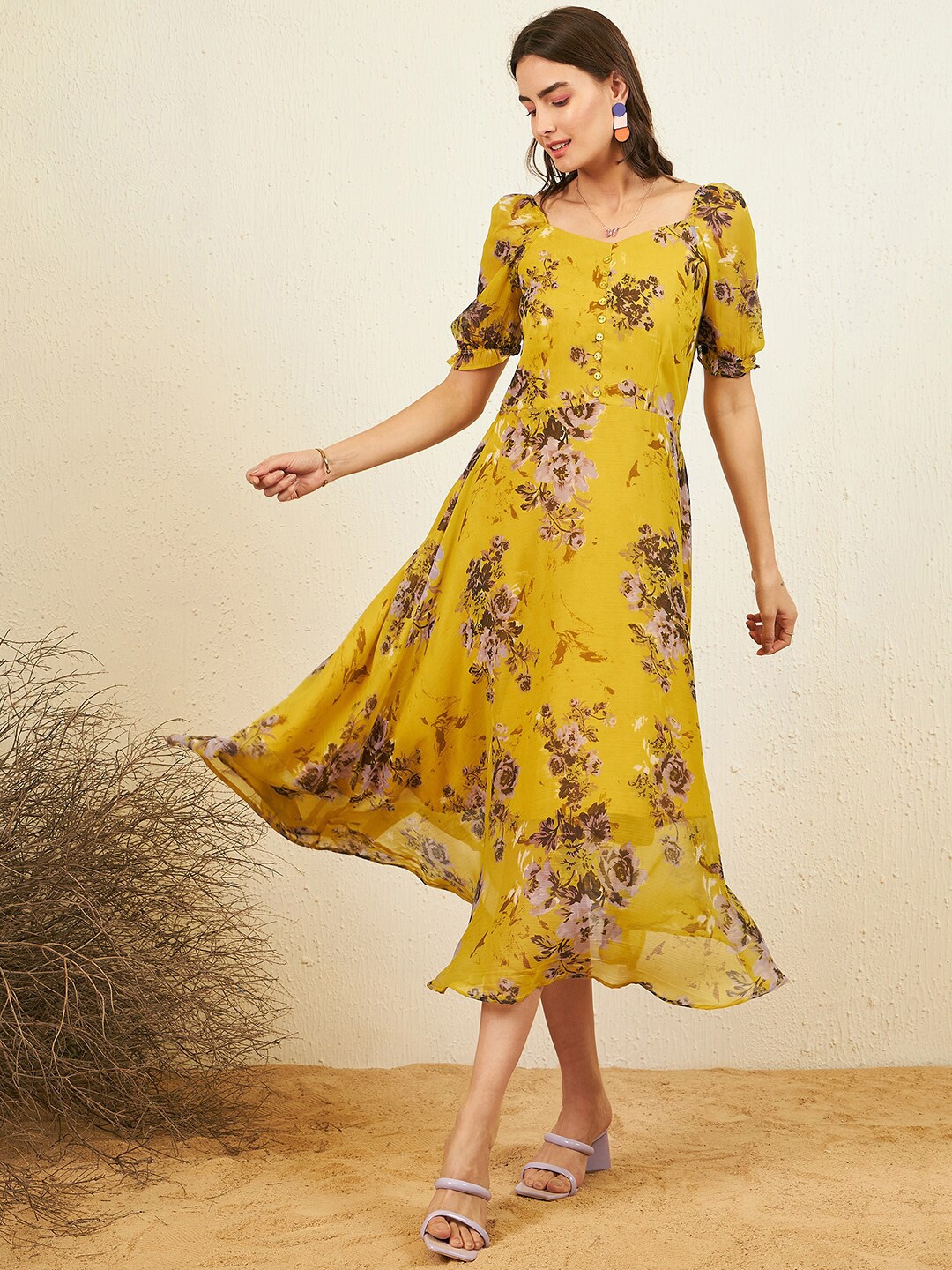 

RARE Floral Print Puff Sleeve Chiffon Fit & Flare Midi Dress, Yellow