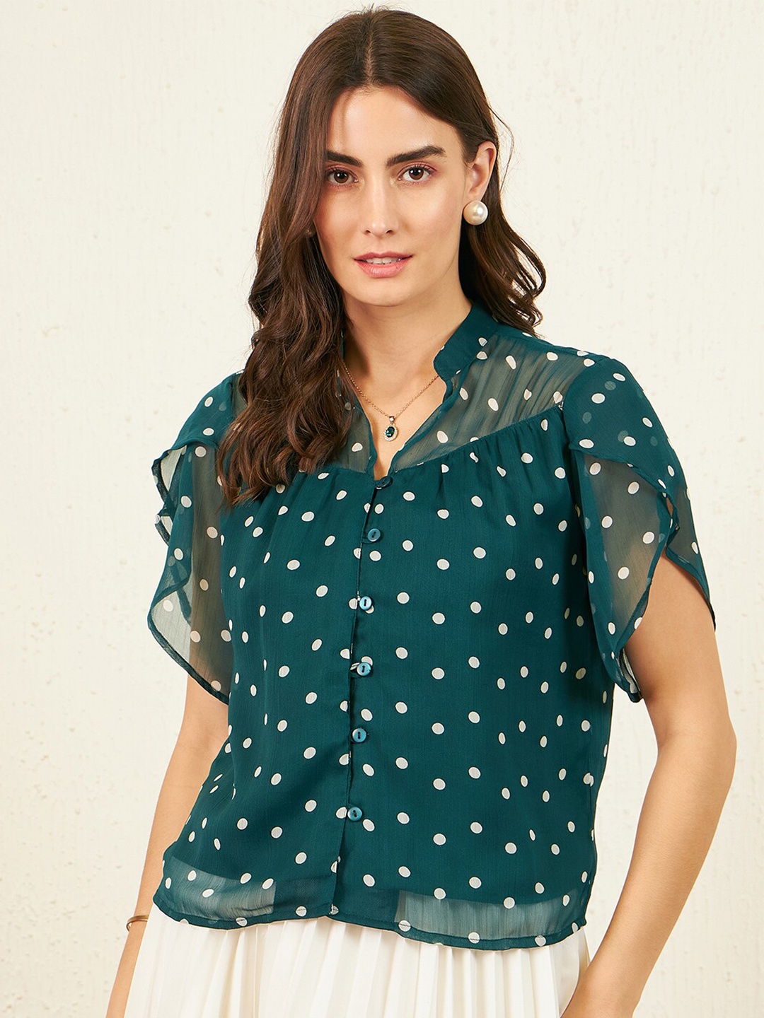 

RARE Polka Dots Printed Mandarin Collar Flutter Sleeve Shirt Style Top, Green
