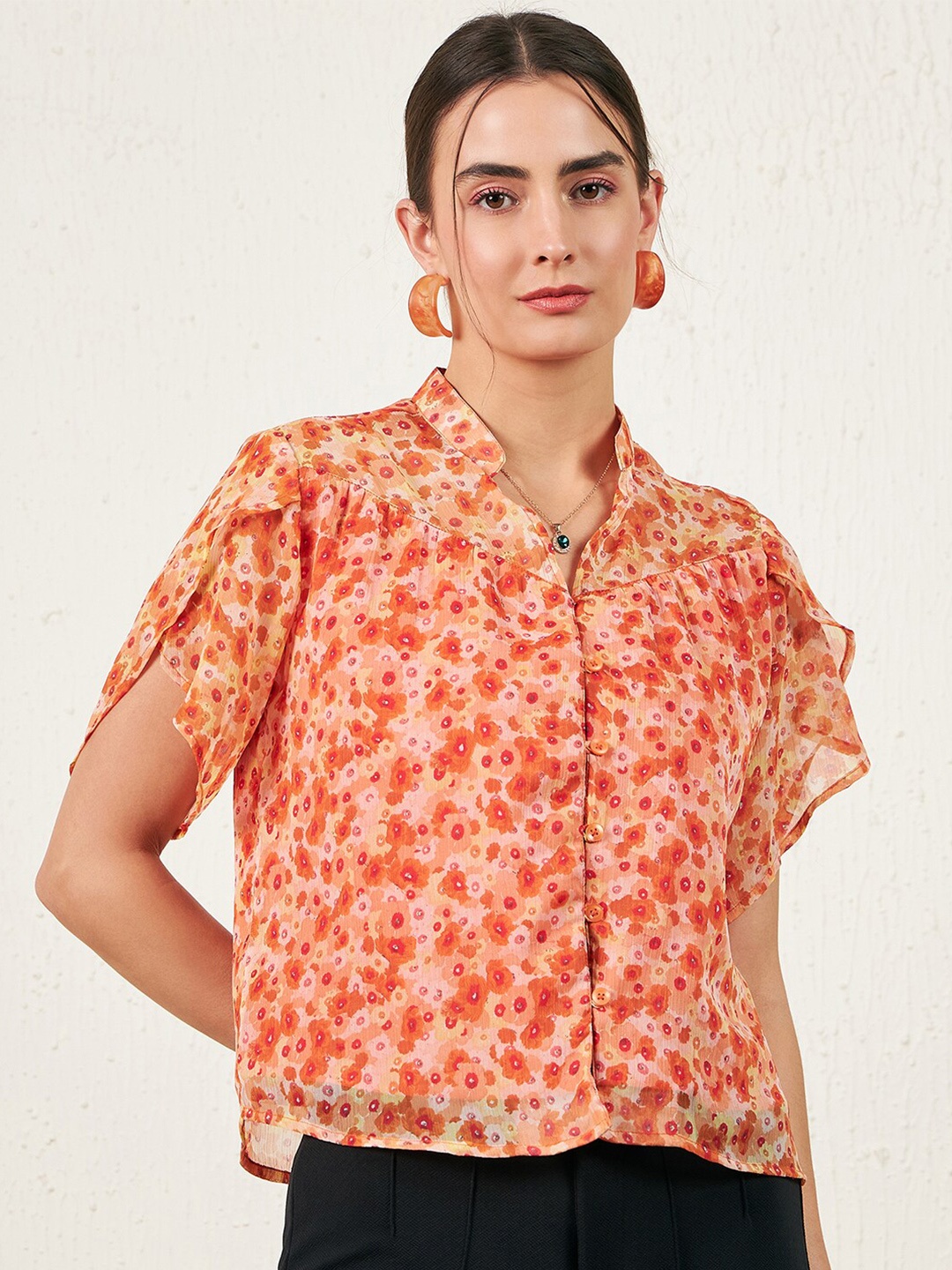 

RARE Floral Printed Shirt Style Top, Orange