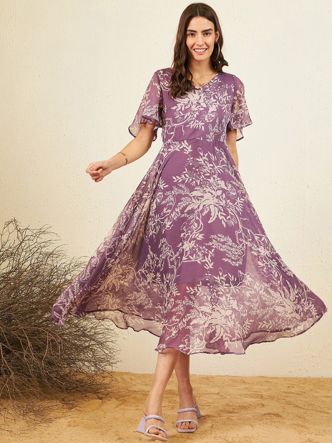 

RARE Floral Print Flared Sleeve Chiffon Fit & Flare Midi Dress, Purple