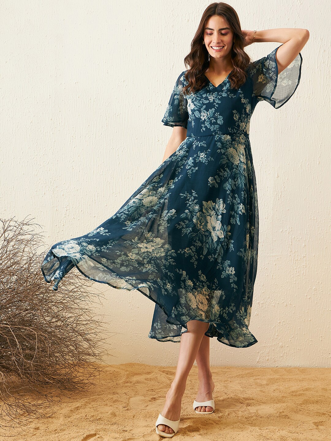 

RARE Floral Print Flared Sleeve Chiffon Fit & Flare Midi Dress, Teal