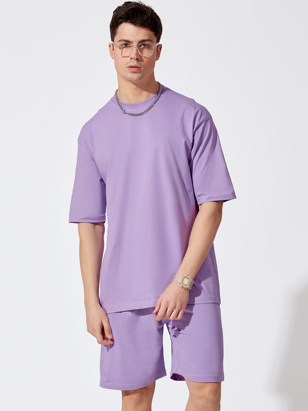 

Maniac Men Pure Cotton Slim Fit T-shirt & Shorts Co-Ords, Lavender