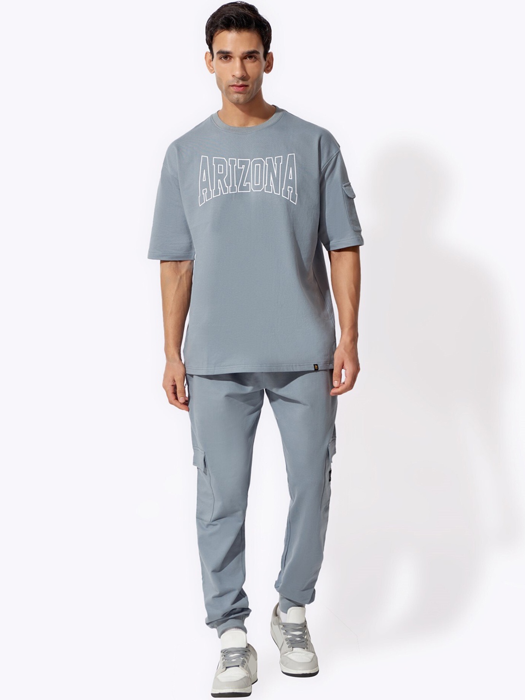 

Maniac Men Printed Oversized Pure Cotton T-shirt & Joggers Tracksuits, Grey