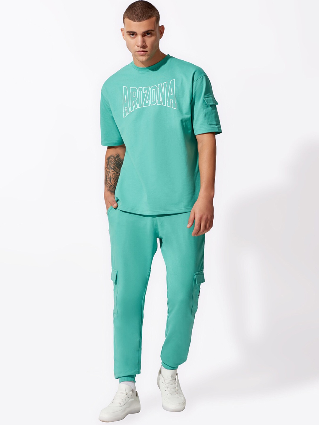 

Maniac Men Printed Pure Cotton Oversized T-shirt & Joggers Tracksuits, Green