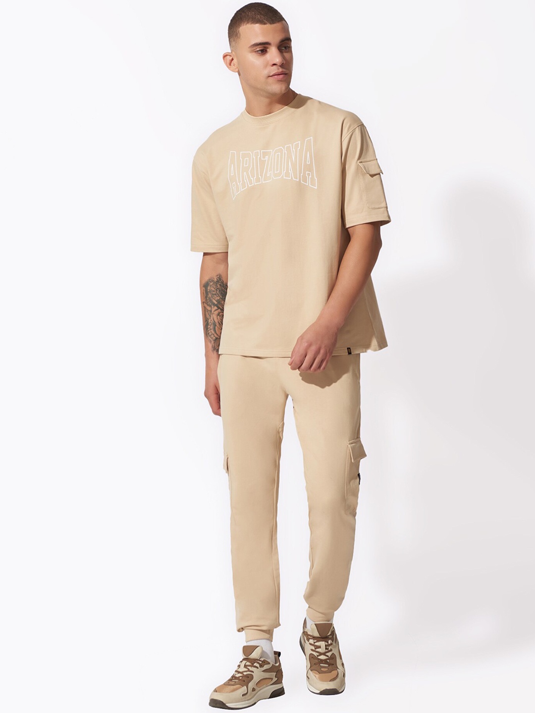 

Maniac Men Printed Pure Cotton Oversized T-shirt & Joggers Tracksuits, Beige
