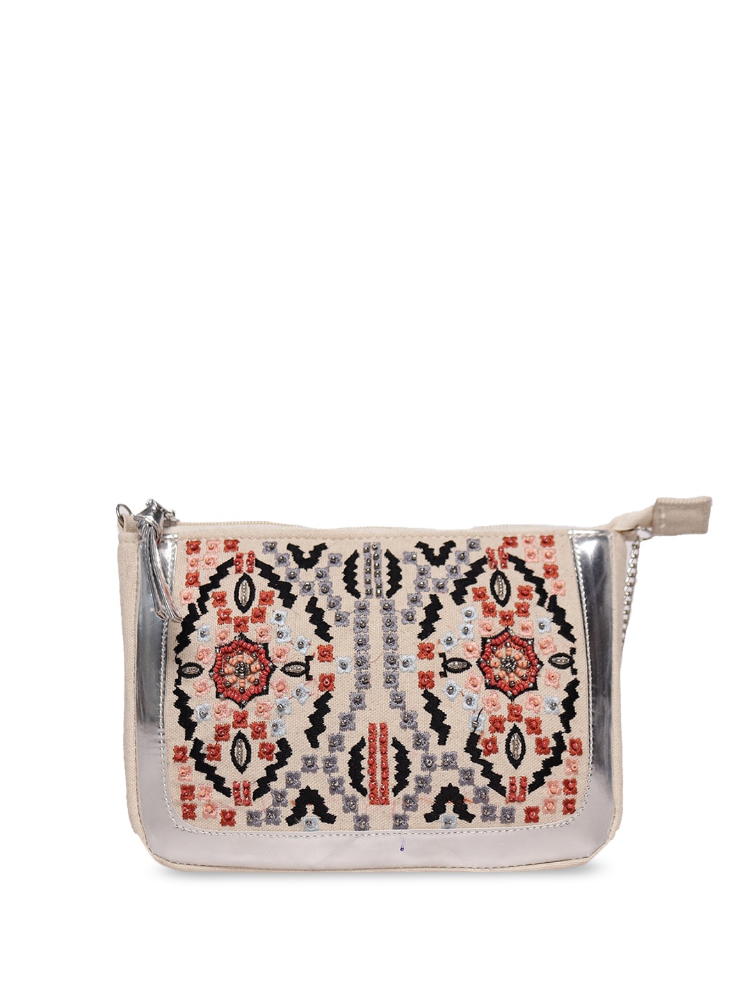 ASTRID Embellished Ethnic Motif Printed Structured Sling Bag, Beige