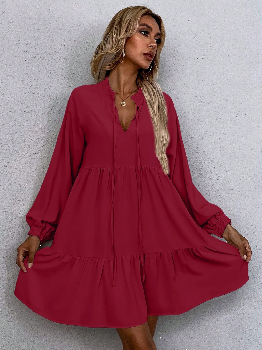 

RARE Tie-Up Neck Puff Sleeve Fit & Flare Dress, Maroon