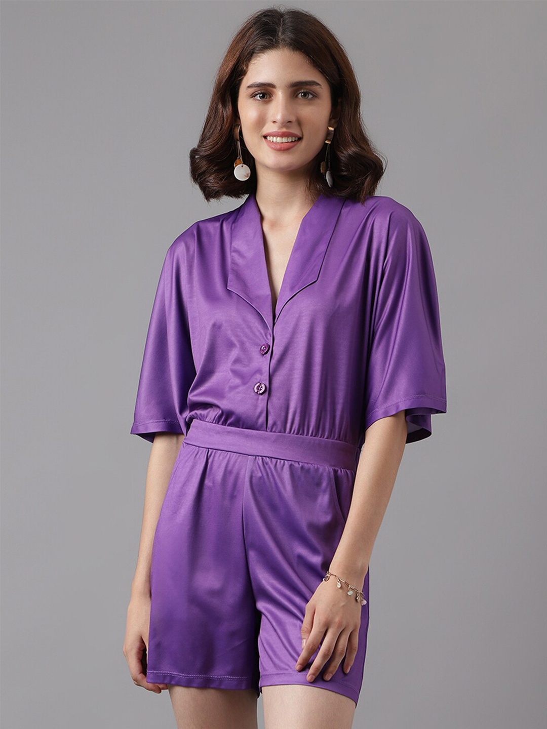 

I Love She Shawl Collar Playsuit, Purple