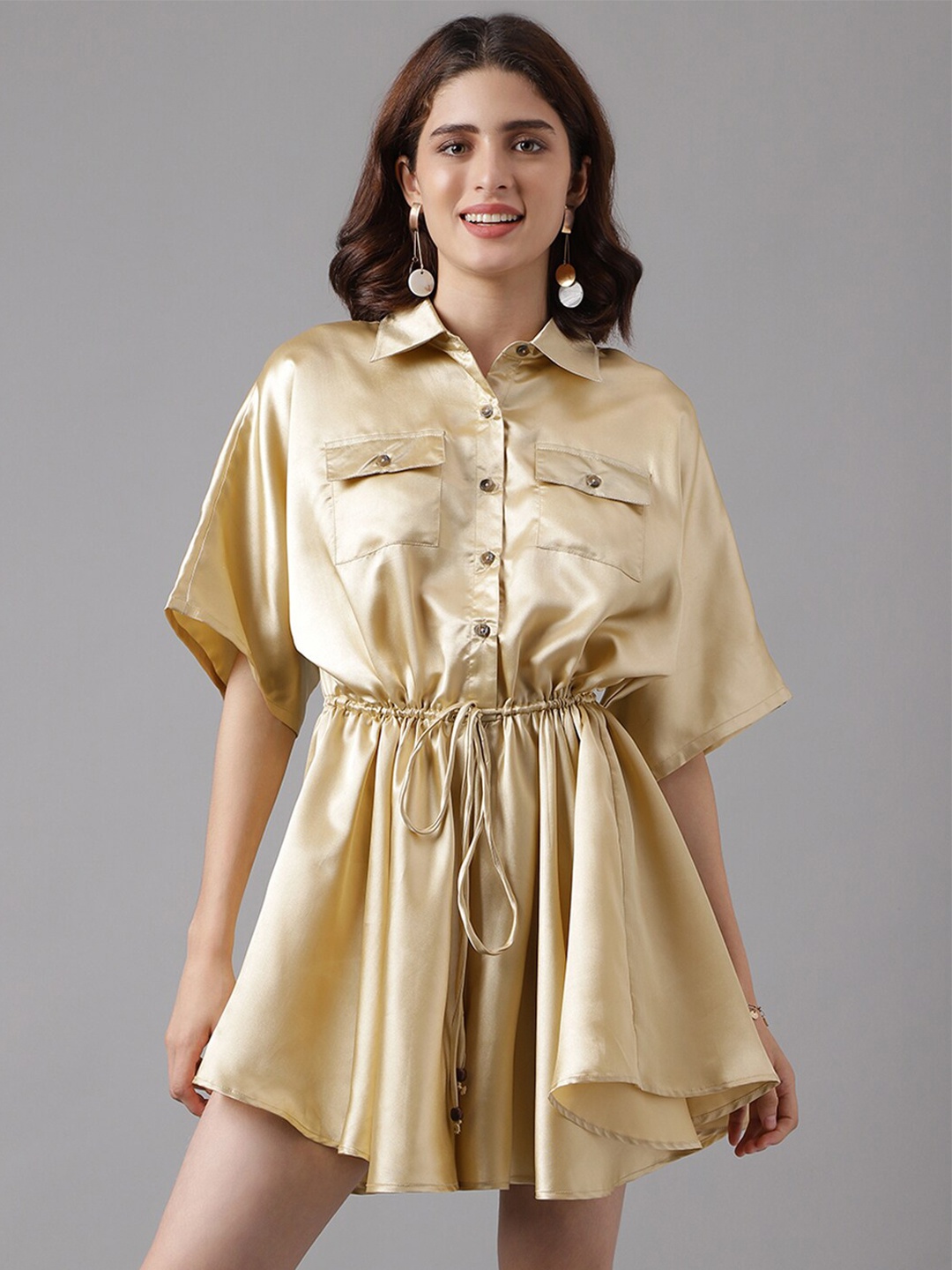 

I Love She Shirt Collar Gathered Detailed Satin Playsuit, Beige