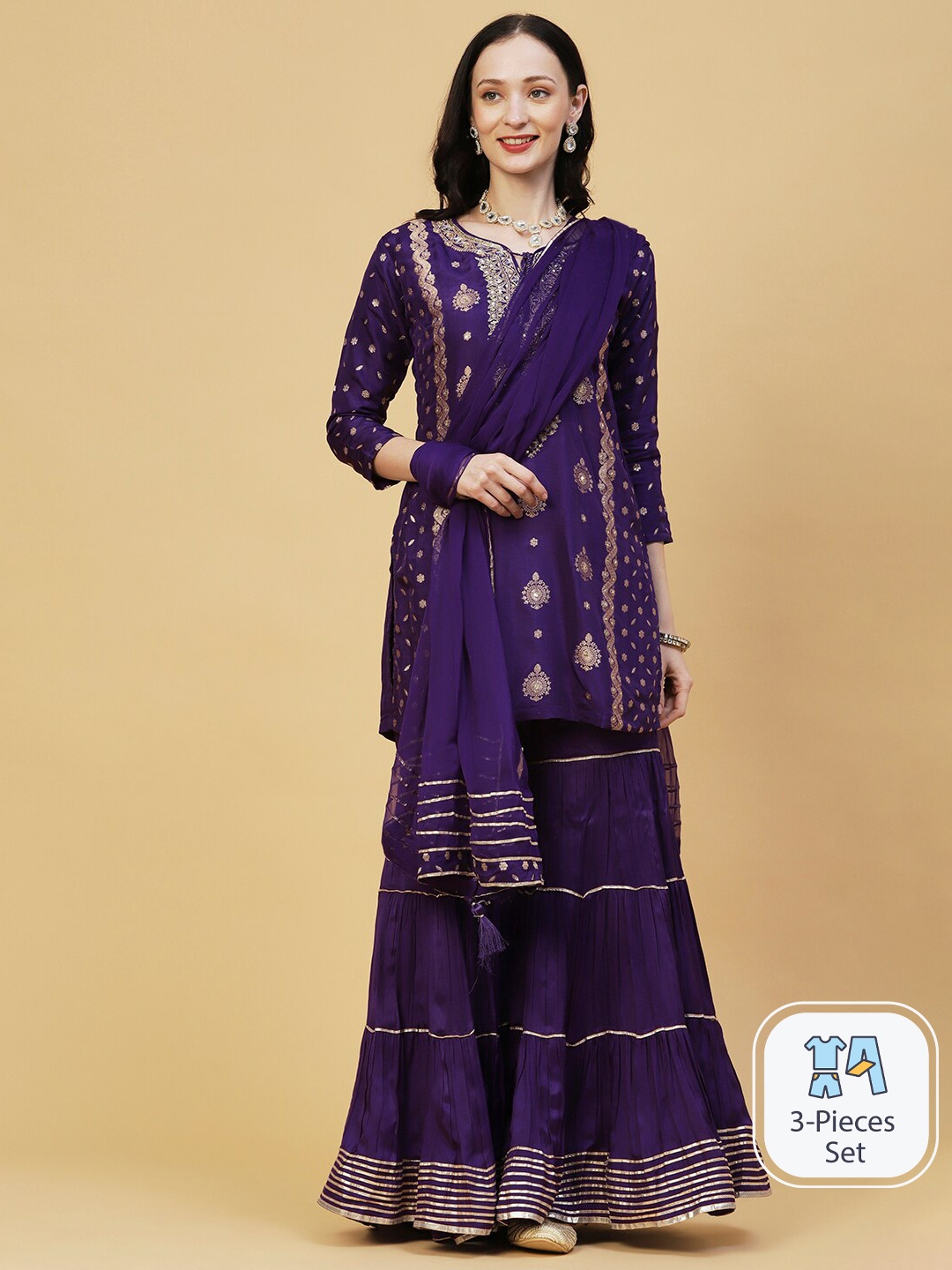 

Envy Me by FASHOR Ethnic Motifs Woven Design Zari Jacquard Kurta With Sharara & Dupatta, Purple