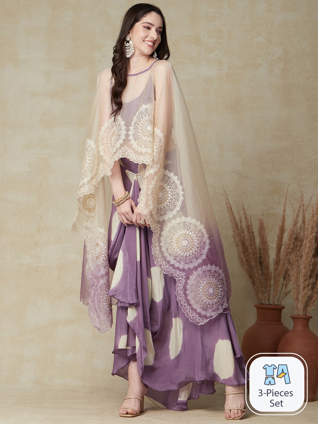 

Envy Me by FASHOR Printed Shoulder Straps Ethnic Top And Cowl Skirt With Cape, Lavender