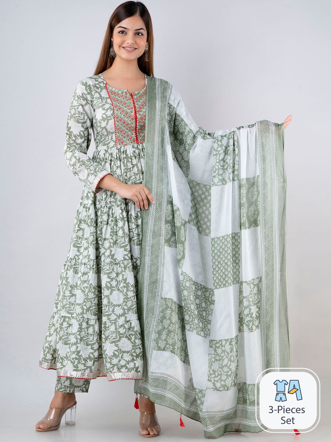 

Mizaz Floral Printed Pure Cotton Anarkali Kurta With Trousers & Dupatta, Green