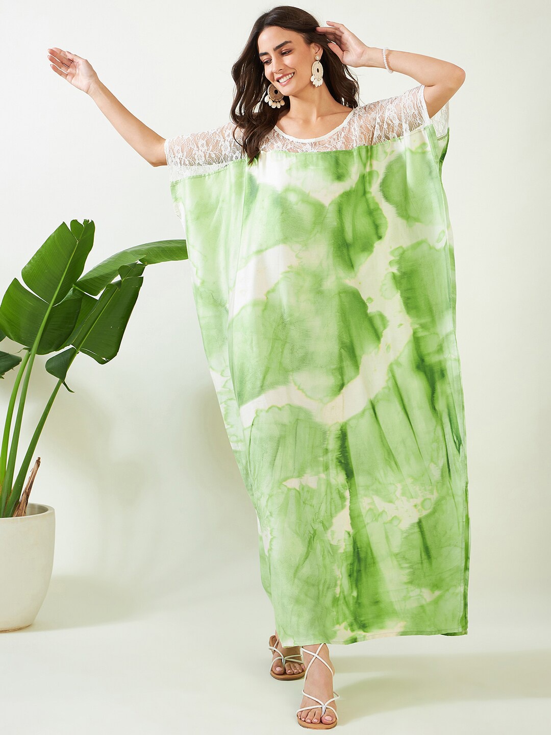 

The Kaftan Company Tie and Dye Kaftan Swimwear Cover up Top, Green