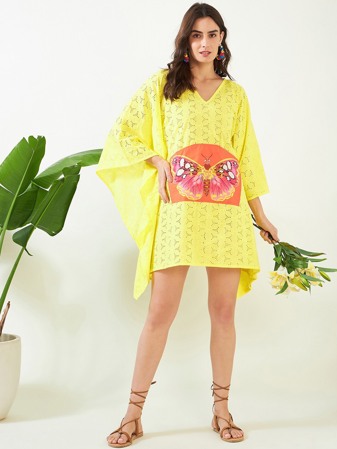 

The Kaftan Company Printed V-Neck Fluttery Kaftan Cover up Top, Yellow