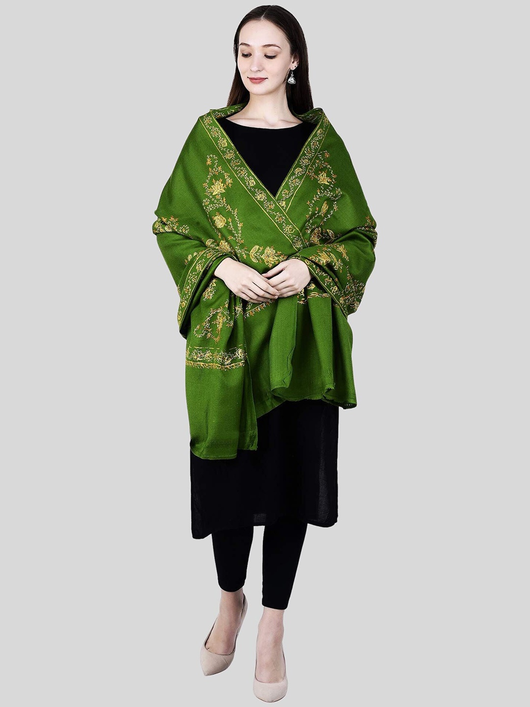 

SWI Stylish Paisely Embroidered Pure Woollen Shawl, Green