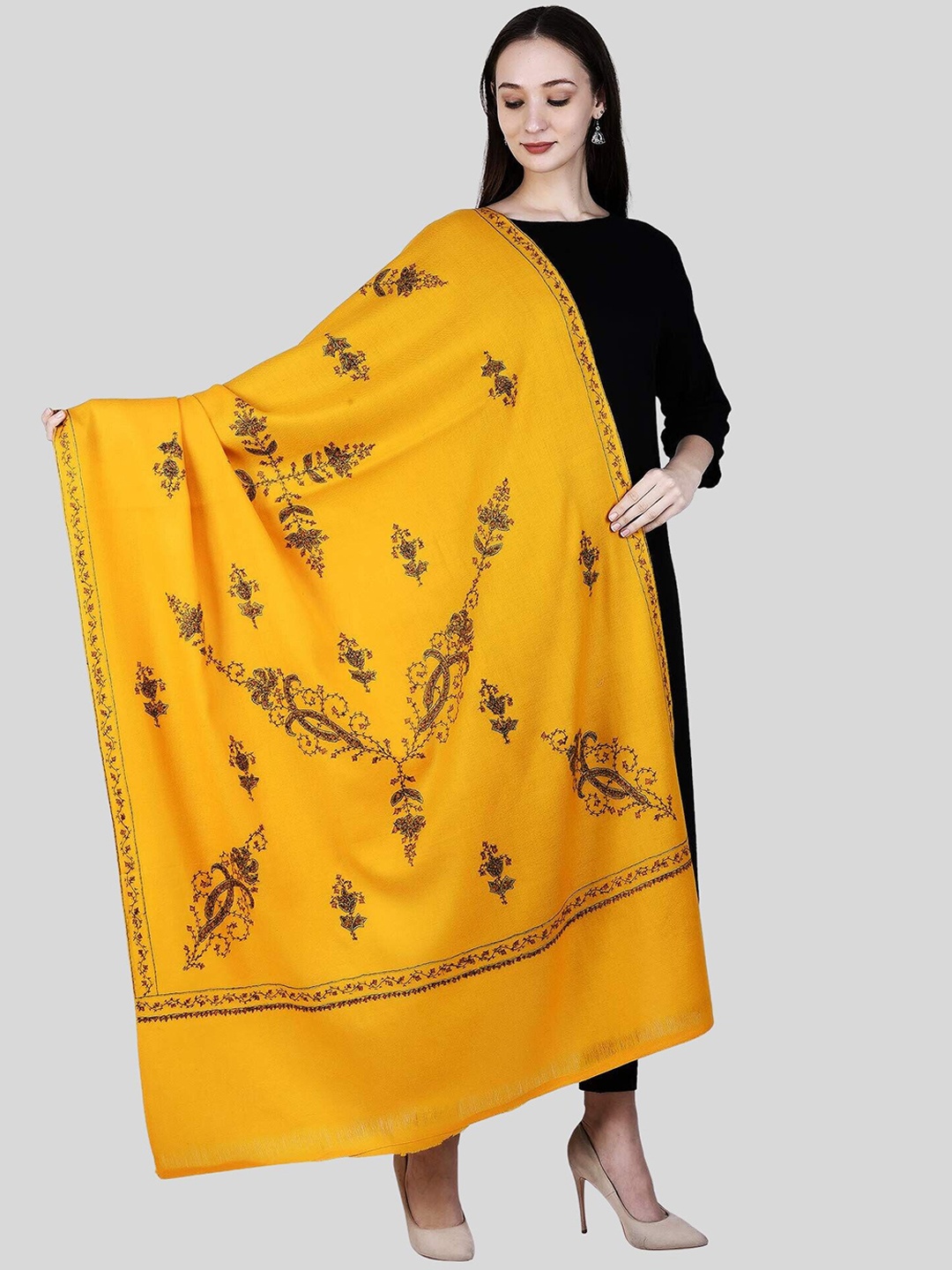 

SWI Stylish Floral Embroidered Pure Woolen Shawl, Yellow