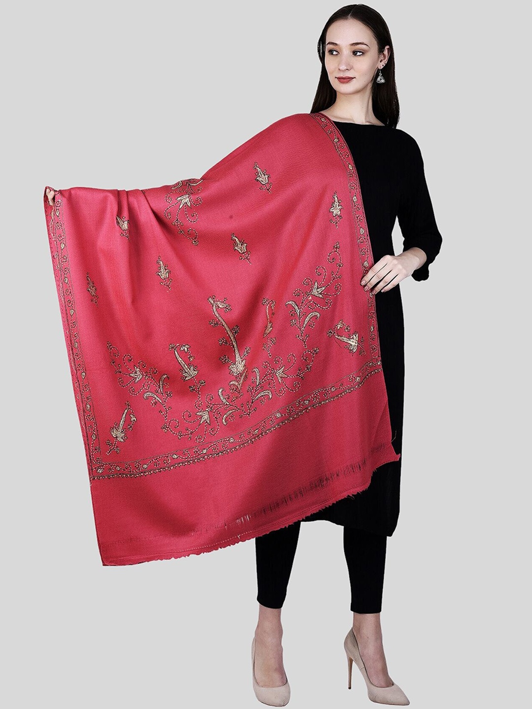 

Swi Stylish Ethnic Motif Embroidered Woollen Shawl, Pink
