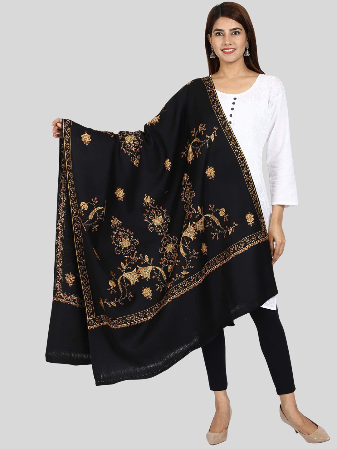 

SWI Stylish Floral Embroidered Woollen Shawl, Black