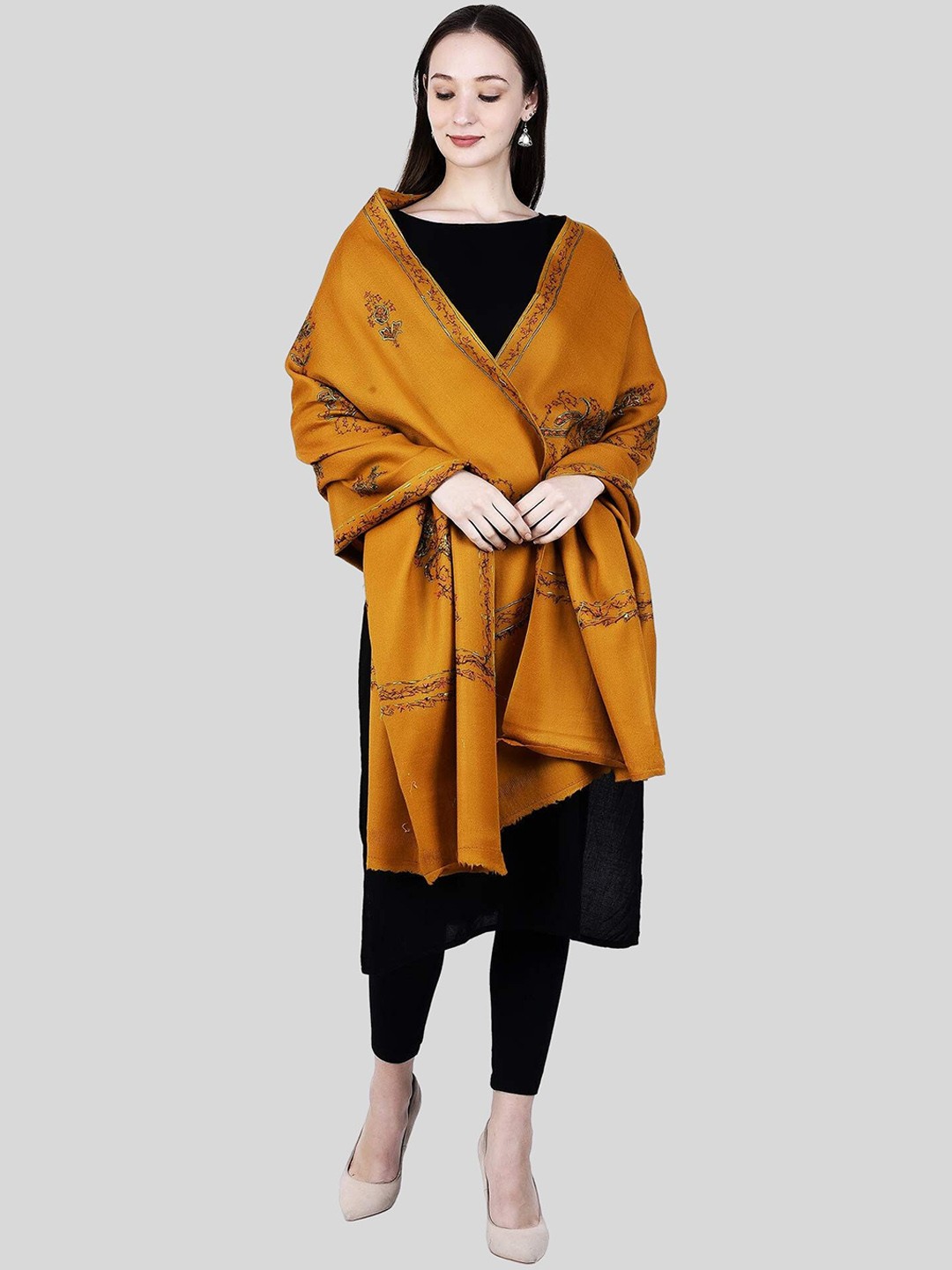 

SWI Stylish Floral Embroidered Pure Woollen Shawl, Mustard