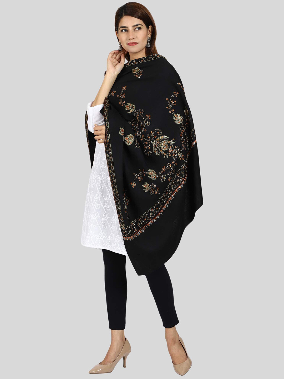 

SWI Stylish Women Ethnic Motifs Embroidered Woollen Shawl, Black