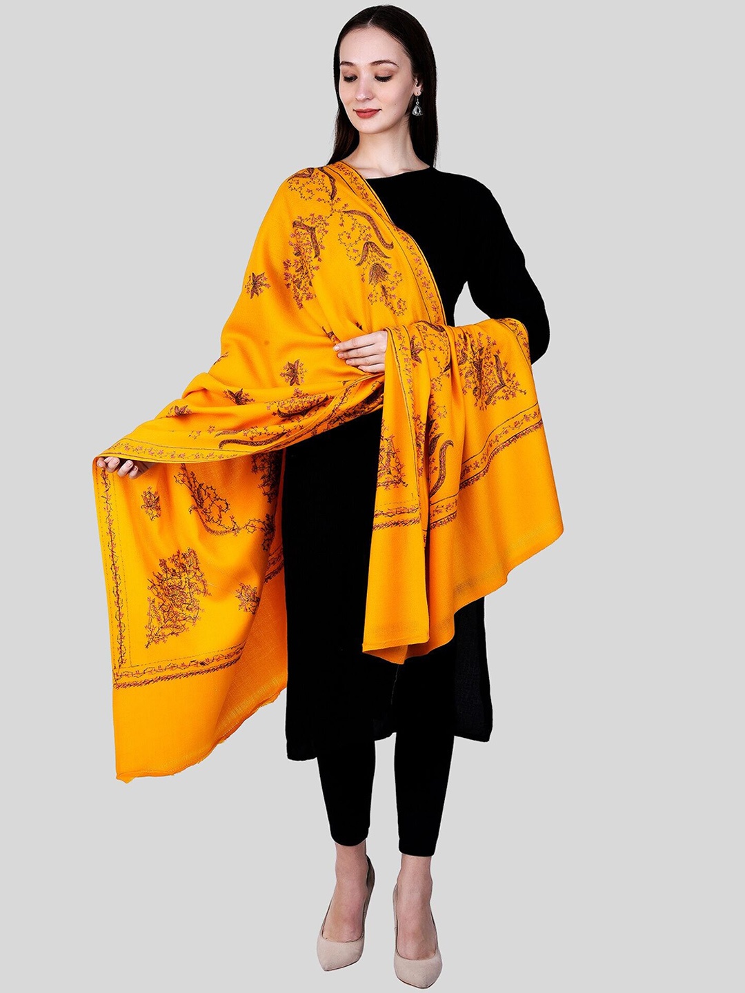

SWI Stylish Floral Embroidered design Wool Shawl, Yellow